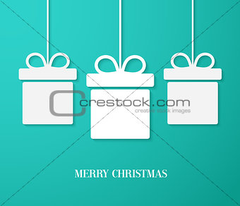 Christmas paper card with hanging gift boxes.