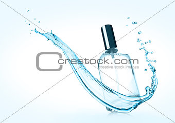 Luxury cyan liquid  perfume bottle with splashes