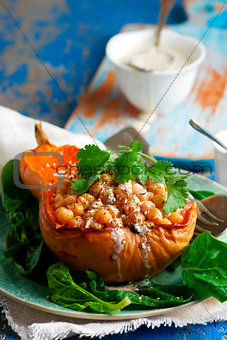 Butternut Squash with Chickpeas, Tahini and Za'atar.selective focus
