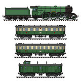The vintage green passenger steam train