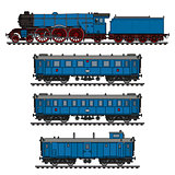 The vintage blue passenger steam train