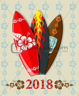 Vector illustration of surf boards with 2018 text 