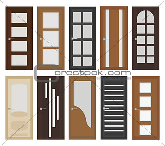 Interior doors set, flat style. Door with different types of glass. Isolated on white background. Vector illustration.
