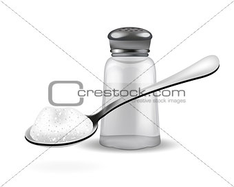 Realistic 3d salt shaker and spoon with salt. Isolated on white background. Glass jar for spices. Ingredients for cooking concept. Vector illustration.