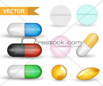 Realistic Medical pill capsule set. 3d drugs and tablets collection. Medicines Antibiotics, vinamines, fish oils. Isolated on white background. Vector illustration.