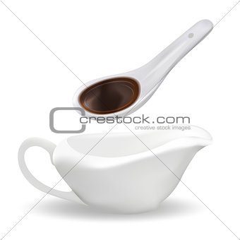 White ceramic spoon with soy sauce and sauceboat. 3d realistic style. Asian cuisine. Isolated on white background. Vector illustration.