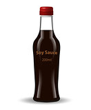 Soy sauce in a glass bottle. 3d realistic style. Asian cuisine. Isolated on white background. Mock-up for your product design. Vector illustration.