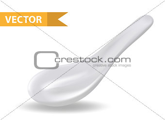 White ceramic spoon for soup or sauce. 3d realistic style. Asian, Chinese kitchen utensils. Isolated on white background. Empty dishes. Vector illustration.