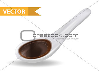 White ceramic spoon with soy sauce. 3d realistic style. Asian cuisine. Isolated on white background. Vector illustration.