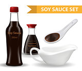 Soy sauce set with bottle, white ceramic spoon, sauceboat. 3d realistic style. Asian cuisine. Isolated on white background. Mock-up for your product design. Vector illustration.