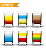 Realistic set shots cocktails. 3d Shot with drinks for bars, restaurans collection. Glass cup liqueur. Isolated on white background. Vector illustration.