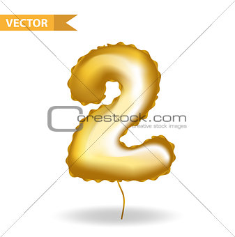 Golden yellow balloon number 2. Isolated on white background. Vector illustration.