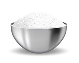 Realistic 3D steel bowl with salt. Iron deep plate with flour or sugar. Isolated on white background. Ingredient for cooking. Vector illustration.