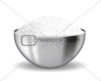 Realistic 3D steel bowl with salt. Iron deep plate with flour or sugar. Isolated on white background. Ingredient for cooking. Vector illustration.