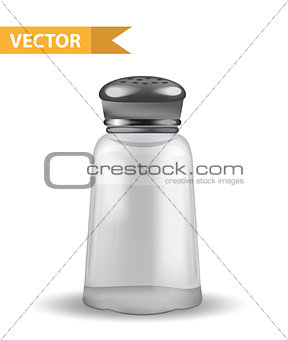 Realistic 3d salt shaker. Glass jar for spices. Isolated on white background. Ingredient for cooking. Vector illustration.
