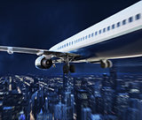 Aircraft travel during night over the city