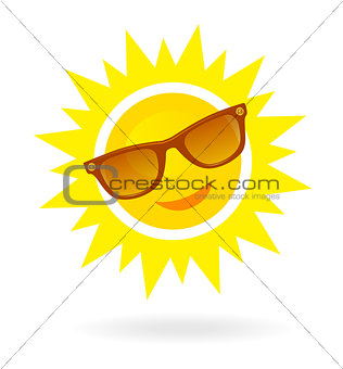 Cheerful, smiling cartoon sun in sunglasses on white background.