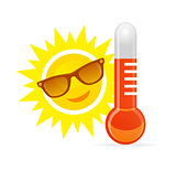 Cheerful, smiling cartoon sun in sunglasses next to the temperature thermometer