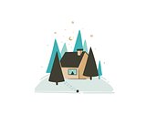 Hand drawn vector abstract fun Merry Christmas time cartoon card with cute illustration of Xmas landscape outdoor snow forest and noel house isolated on white background