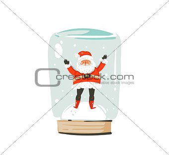 Hand drawn vector abstract fun Merry Christmas time cartoon card with cute illustration of Santa Claus in snow bauble bulb isolated on white background