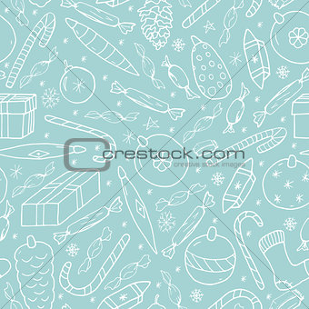 Seamless texture with cute white christmas elements on blue background. Hand drawn vector illustration