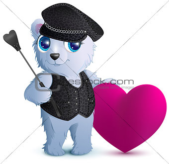 White bear in black leather clothes in style of bdsm