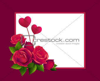 Red rose bouquet and two heart shape. Template greeting card for valentines day