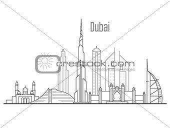 Dubai city skyline - towers and landmarks cityscape in liner sty