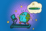 sad Fat Earth on the treadmill. Dream to lose weight. Sport fitn