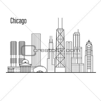 Chicago skyline - downtown cityscape, city landmarks in liner st