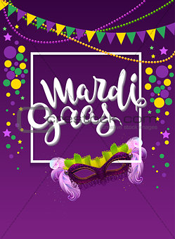 Mardi gras handwritten text greeting card. Carnival mask with feather