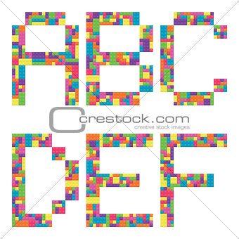 A, b, c, d, e, f alphabet letters from children building block icon set