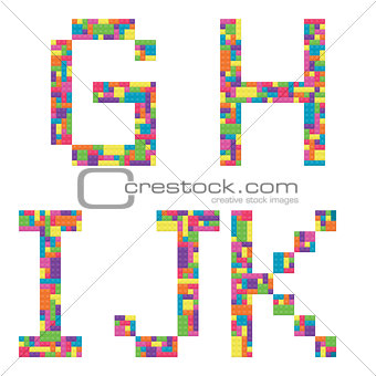 G, h, i, j, k alphabet letters from children building block icon set