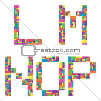 L, m, n, o, p alphabet letters from children building block icon set