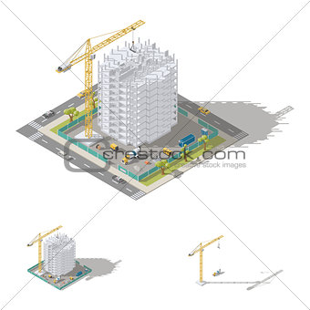 Construction of house, monolithic frame of the building isometric low poly icon set