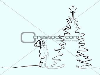 New year card boy looking at Christmas tree
