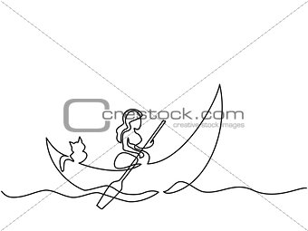 Girl with cat on dinghy moon