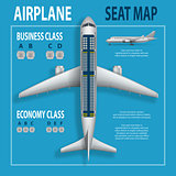 Banner, poster, flyer with airplane seats plan. Business and economy classes top view Aircraft information map. Realistic passenger aircraft indoor seating chart. Vector illustration.