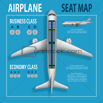 Banner, poster, flyer with airplane seats plan. Business and economy classes top view Aircraft information map. Realistic passenger aircraft indoor seating chart. Vector illustration.