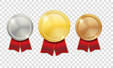 Gold, silver and bronze shiny medals with red ribbons isolated on transparent background. Champion Award Medals sport prize. Vector illustration