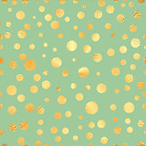 Golden dots on a blue background pattern. Abstract gold geometric modern background. Vector illustration. Shiny backdrop. Texture of gold foil. Art deco style. Gold circle seamless pattern.v