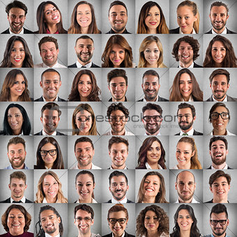 Happy and positive faces collage of business people
