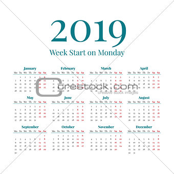Simple 2019 year calendar