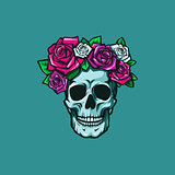 Human skull with colorful roses
