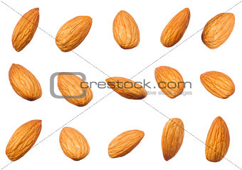 Raw almonds nuts different shape isolated on white