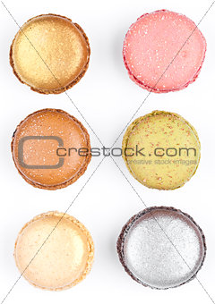 French colorful macarons dessert cakes top view 