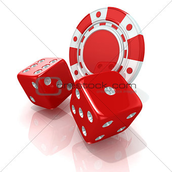 Red gambling chips and dices. 3D