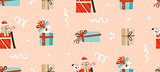 Hand drawn vector abstract fun Merry Christmas time cartoon illustration seamless pattern with pet dog in xmas surprise gift boxes isolated on pastel background
