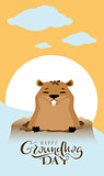 Happy Groundhog Day text greeting card. Marmot got out of hole
