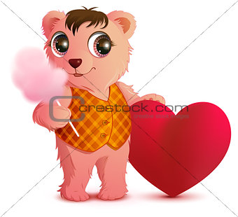 Pink fun bear holds sweet cotton wool and heart shape. Valentines day greeting card